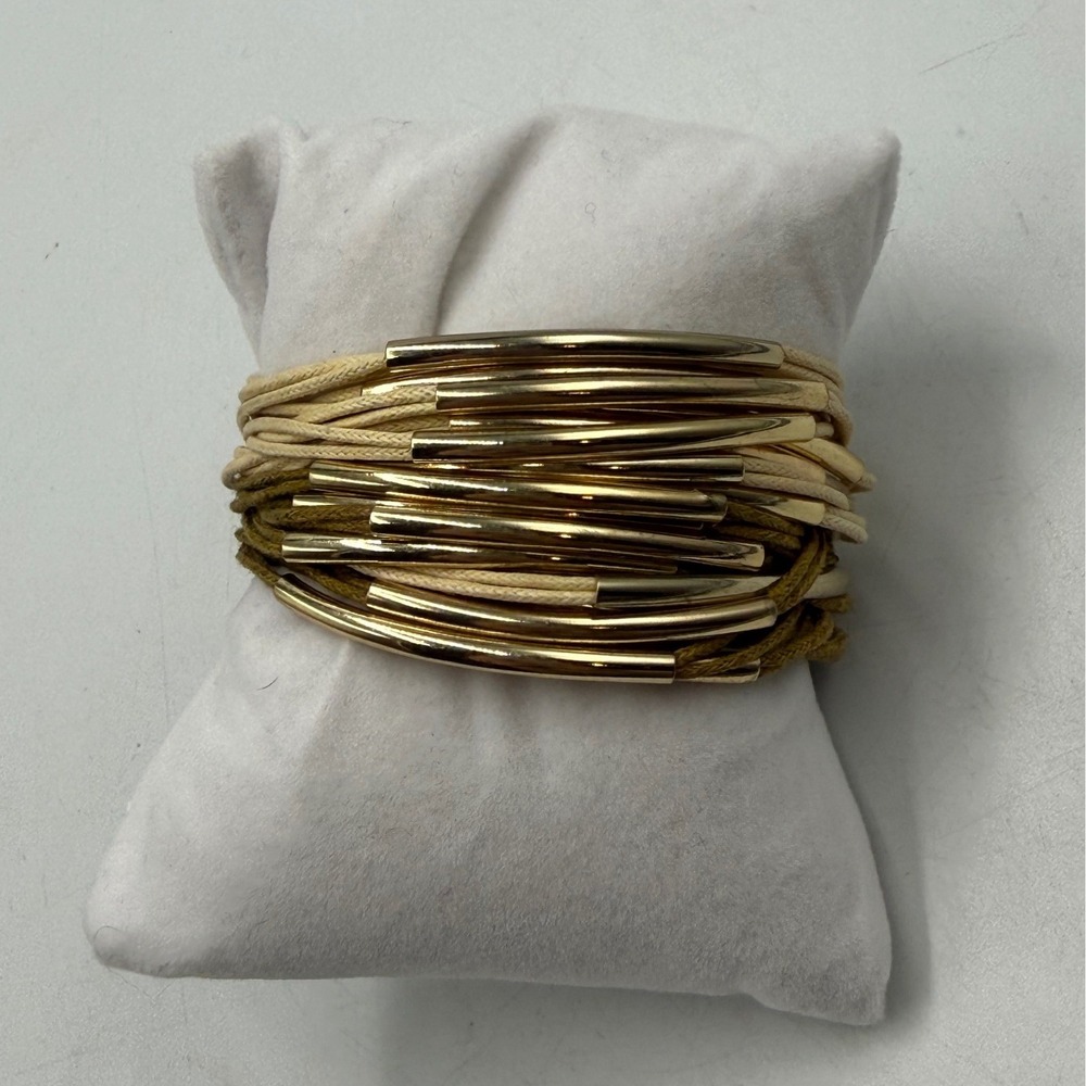 Multi Strand Cord Wrap Bracelet Gold Tone Tube Accents Cream Olive Green Boho